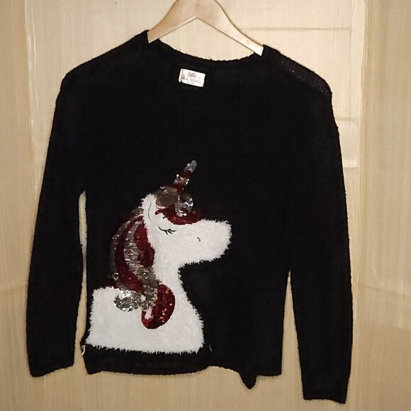 Justice Girls Black Sequin Unicorn Sweater 14-16 - Picture 1 of 5